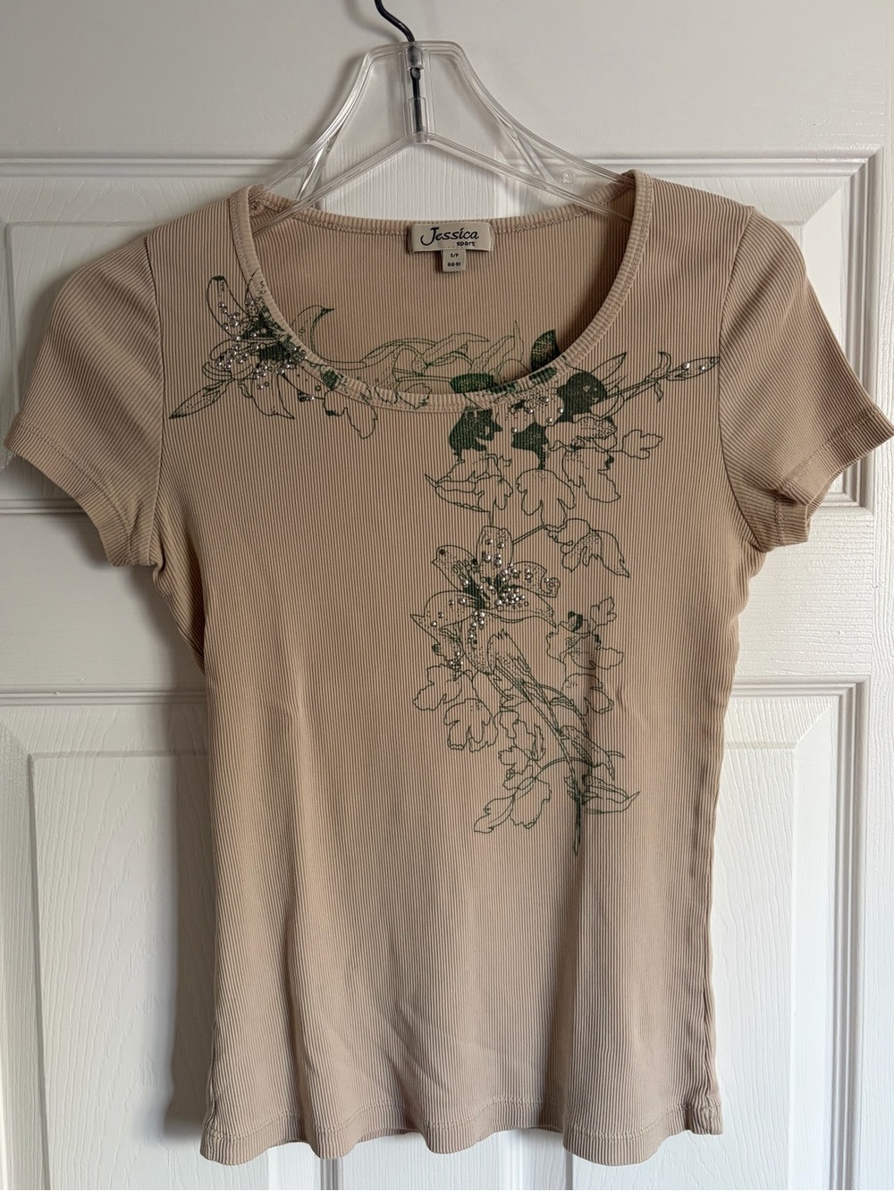 Jessica Sport Vintage Y2K Khaki Ribbed Floral Graphic Tee Rhinestone Detail S